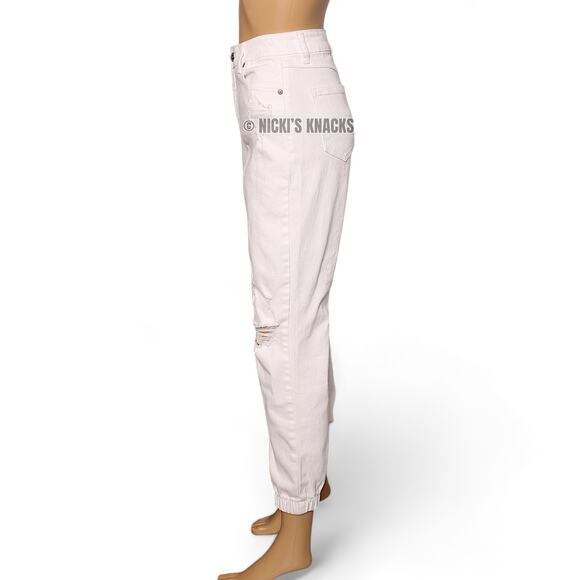 White High Rise Distressed Jogger Jeans Straight Leg Elastic Cuff Size 26 - Picture 4 of 10